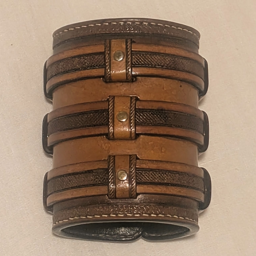 Hand tooled Wide Leather Cuff Bracelet with Triple Straps - Picture 12 of 12